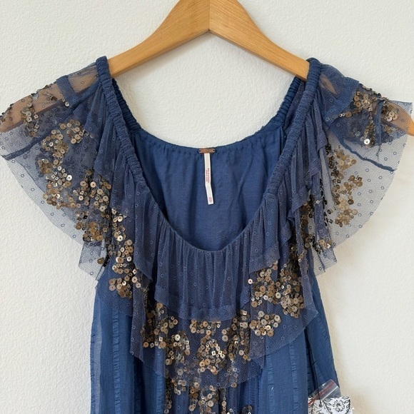 Free People Elisas Off the Shoulder Gold Sequin Blue Top XS SAMPLE - Picture 5 of 15